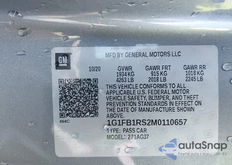 2021 Chevrolet Camaro Rwd 1Lt z USA, uszkodzony, nr VIN 1G1FB1RS2M0110657